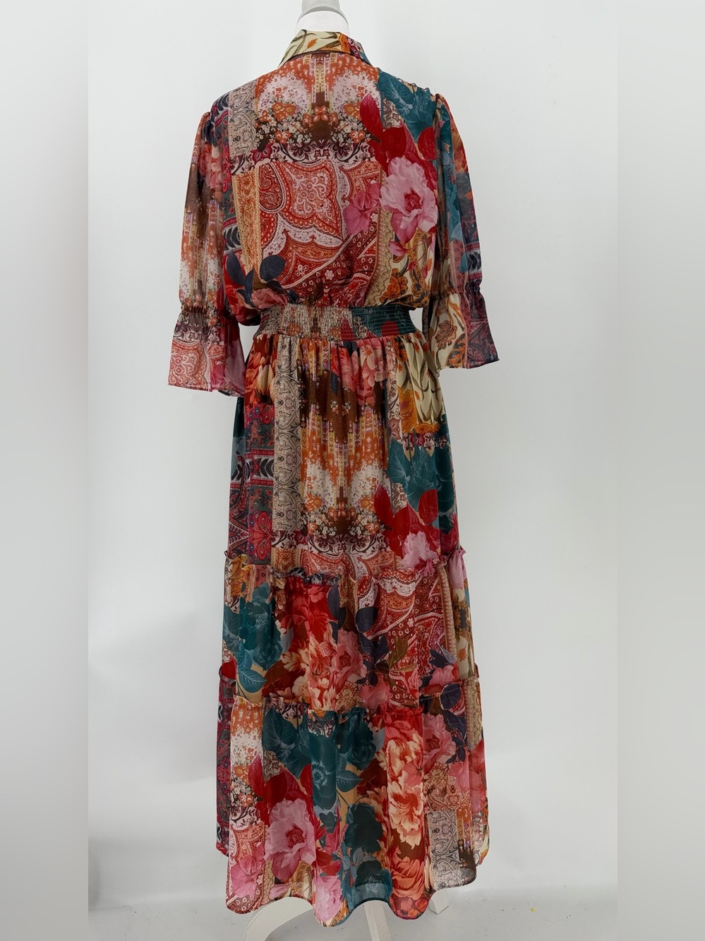 Chico’s Floral Patchwork Boho Midi Dress Smocked Waist Size 0.5 US 6 - Picture 3 of 7
